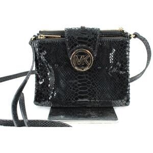 Michael Kors Black Glossy Embossed Crossbody Bag with Gold Hardware